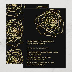 Black 100. Geburtstag Einladungen Gold Floral