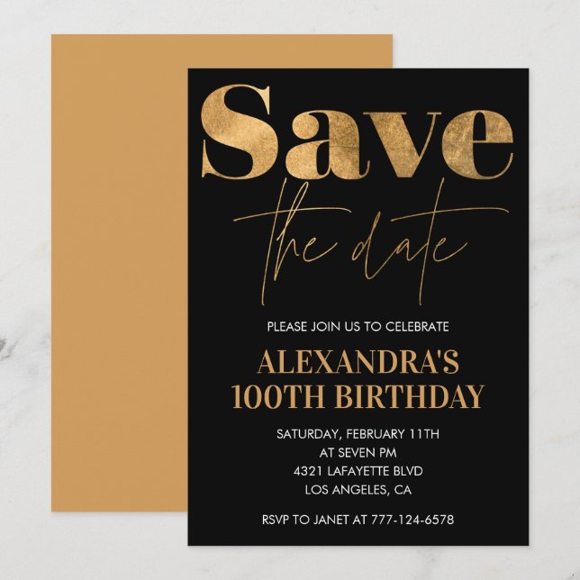 Black 100. Geburtstagseinladung Save the Date Gold Einladung (Vorne/Hinten)
