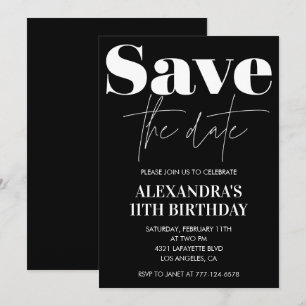 Black 11. Geburtstagseinladung Save the Date White Einladung