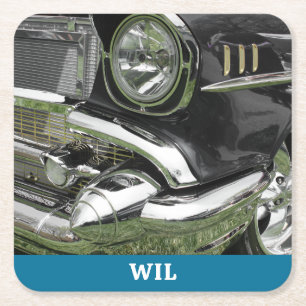 Black 1957 Chevy Vintage Car, Name oder Foto Rechteckiger Pappuntersetzer