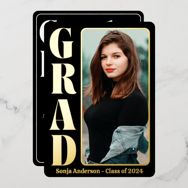 Black 1 Foto Modernes Grad Party Folieneinladung (Vorderseite/Rückseite)