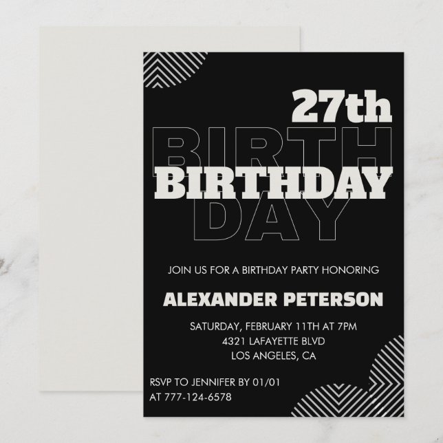 Black 27. Geburtstag Einladungen Männer Party (Vorne/Hinten)