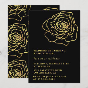 Black 34. Geburtstagseinladungen Gold Floral Einladung