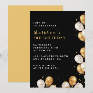 Black 3. Geburtstag Einladungen Gold Balloon Boy