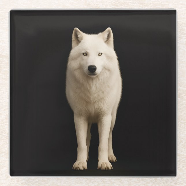 Black 4 Luxe Glass coaster, Ivory Arctic Wolf Glasuntersetzer (Vorderseite)
