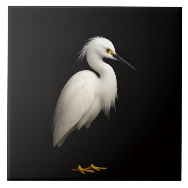 Black 4 Luxe Tile with Elegant Snowy Egret Fliese (Vorderseite)