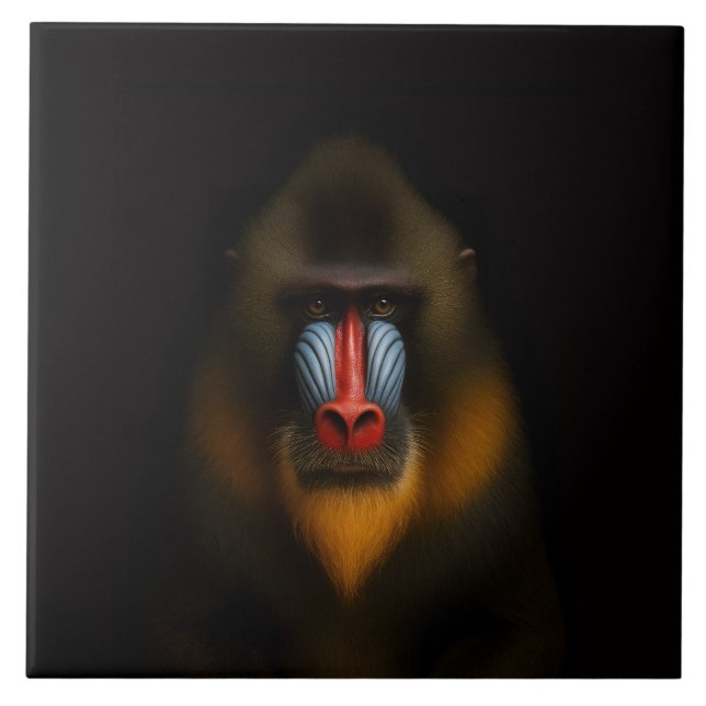 Black 4 Luxe Tile with Exotic Mandrill Monkey Fliese (Vorderseite)