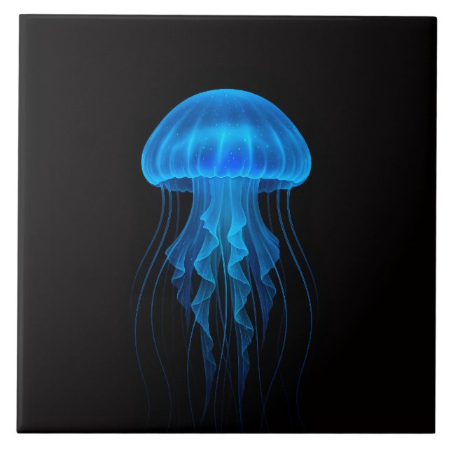 Black 4 Luxe Tile with Neon Blue Jellyfish Fliese (Vorderseite)