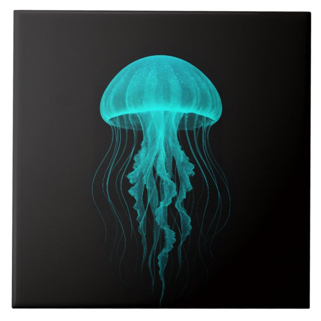 Black 4 Luxe Tile with Neon Green Jellyfish Fliese (Vorderseite)