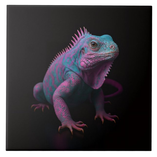 Black 4 Luxe Tile with Pink Tropical Iguana Fliese (Vorderseite)