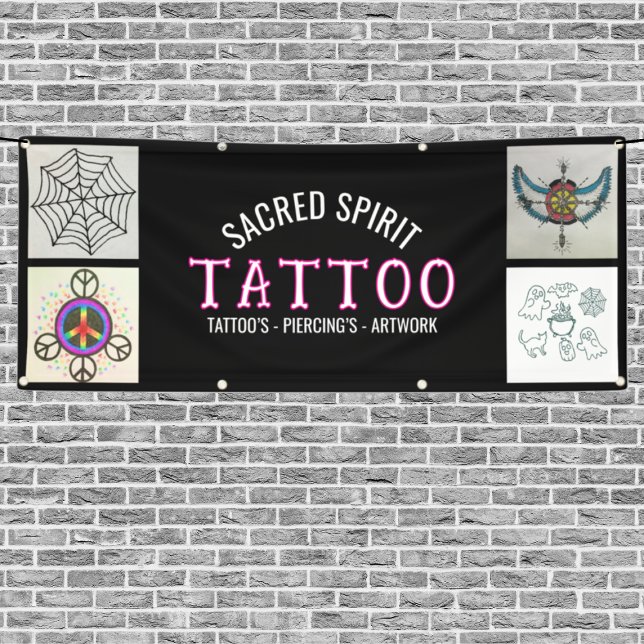 Black 4 Photo Modern White Text Tattoo Shop Banner (Von Creator hochgeladen)