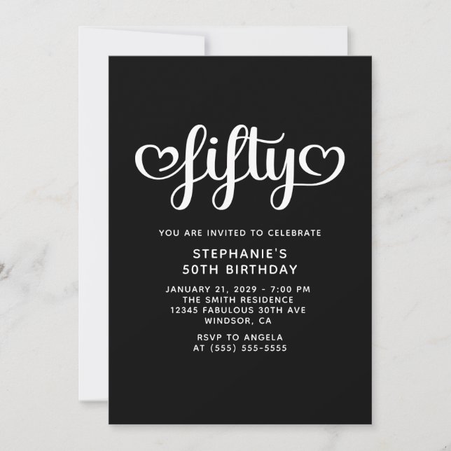 Black 50 Niedlich Hearts Script 50. Geburtstag Einladung (Vorderseite)
