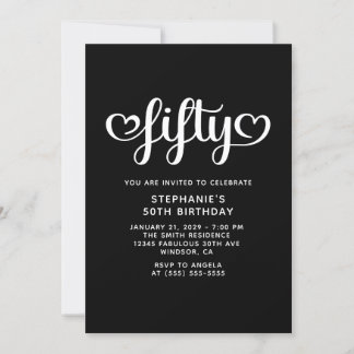 Black 50 Niedlich Hearts Script 50. Geburtstag Einladung