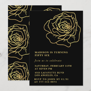 Black 56. Geburtstag Einladungen Gold Floral