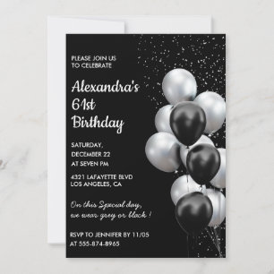 Black 61. Geburtstagseinladungen Balloons Silver Einladung