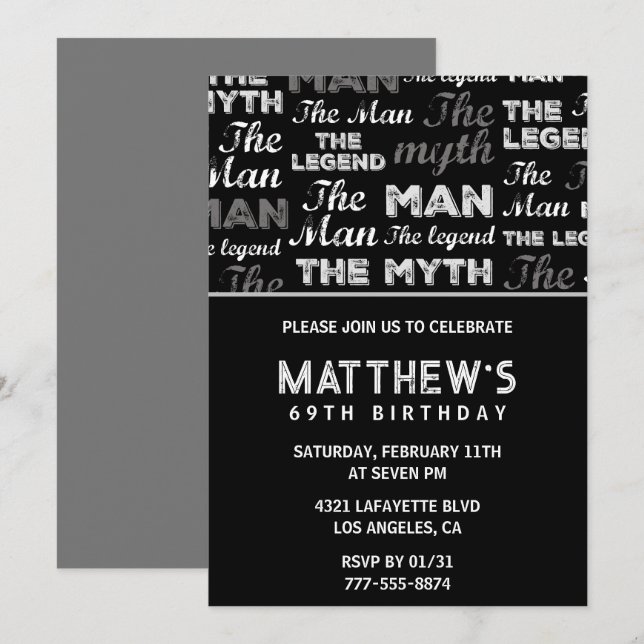 Black 69. Geburtstagseinladung für ihn Myth Legend Einladung (Vorne/Hinten)