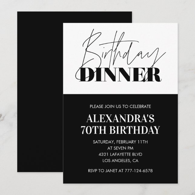Black 70. Geburtstag Einladungen Dinner White (Vorne/Hinten)