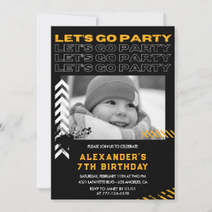 Black 7. Geburtstag Einladungen Boy Foto Spray
