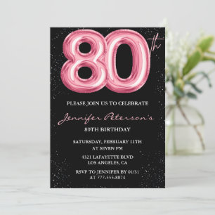 Black 80. Geburtstag Einladungen Balloon Glam Pink