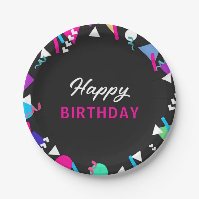 Black 80er Muster Birthday Paper Plate Pappteller (Vorderseite)