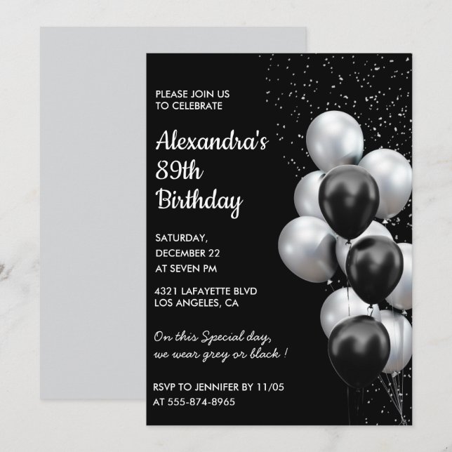 Black 89. Geburtstag Einladungen Balloons Silver (Vorne/Hinten)