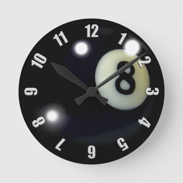 Black 8-Ball Game Clock Design Runde Wanduhr (Vorderseite)