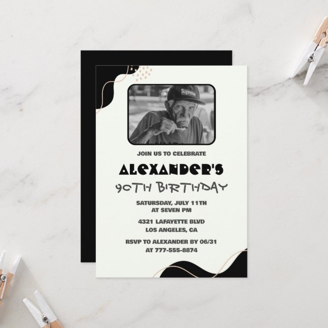 Black 90. Geburtstag Einladungen Männer Einfaches  (Vorderseite/Rückseite Beispiel)