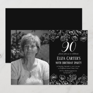 Black 90. Neunzig Blumengestein Elegant Geburtstag Einladung