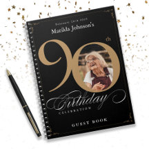 Black 90 th Birthday Gold Elegant Script Guestbook