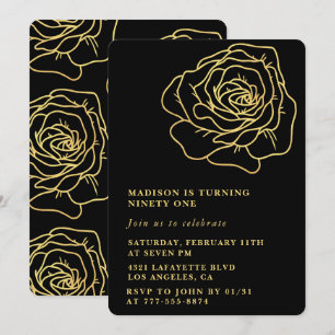 Black 91. Geburtstag Einladungen Gold Floral