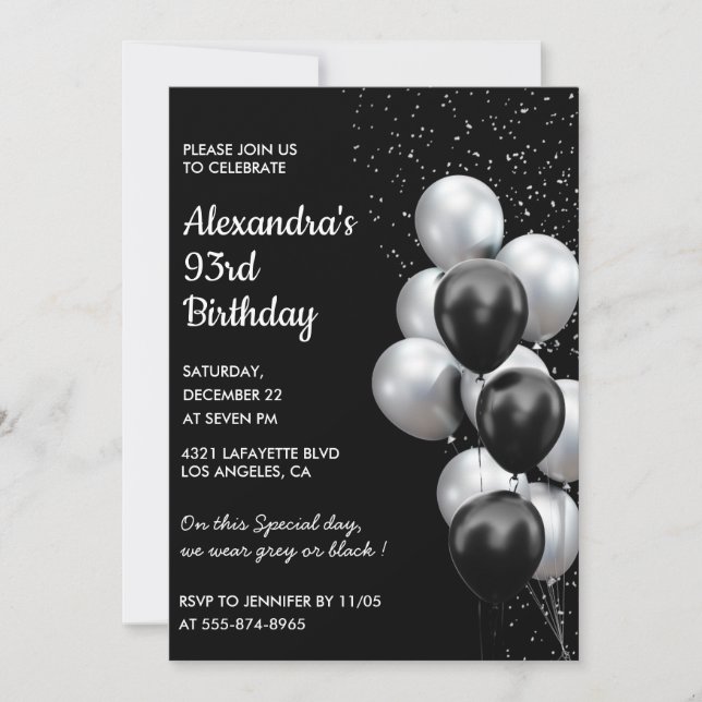 Black 93. Geburtstag Einladungen Balloons Silver (Vorderseite)