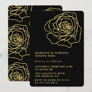 Black 99. Geburtstag Einladungen Gold Floral