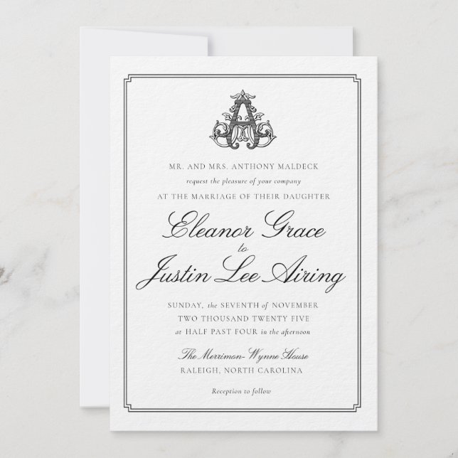 Black "A" Monogram Wedding Invitation Einladung (Vorderseite)