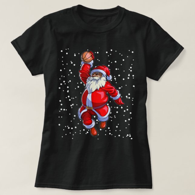Black African American Santa Claus Basketball Afro T-Shirt (Design vorne)