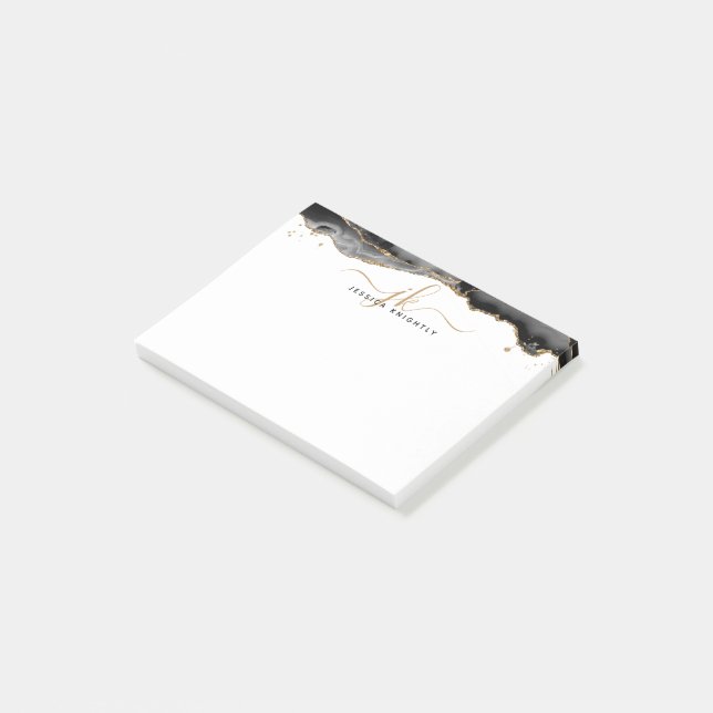 Black Agate Geode Gold Glitzer Script Monogram Post-it Klebezettel (angewinkelt)