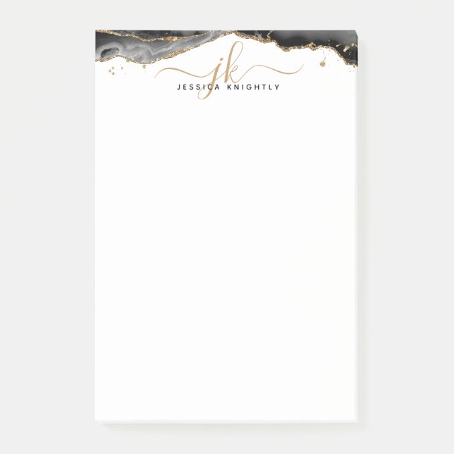 Black Agate Geode Gold Glitzer Script Monogram Post-it Klebezettel (Vorderseite)