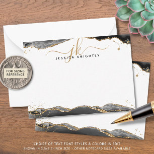 Black Agate Geode Script Monogram Gold Glitzer Mitteilungskarte