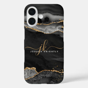 Black Agate Gold Glitzer Script Monogram iPhone 16 Hülle