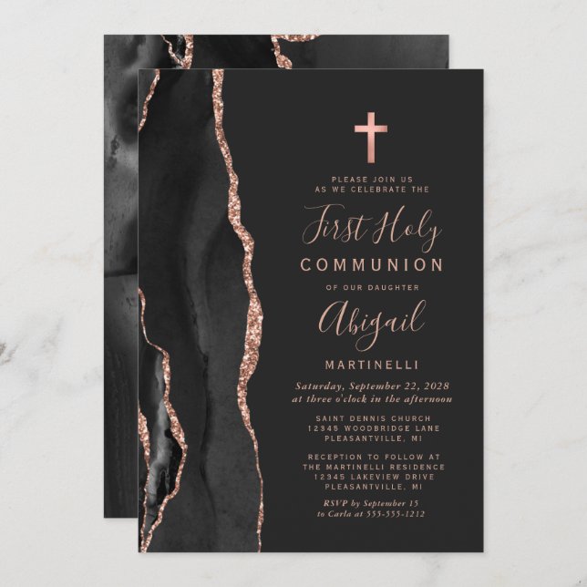 Black Agate Rose Gold Glitzer Erste Heilige Kommun Einladung (Vorne/Hinten)