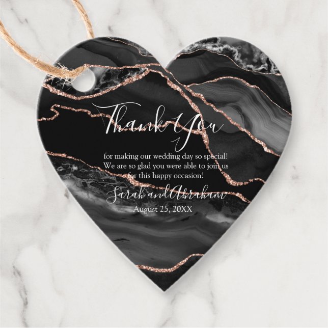 Black Agate Rose Gold Glitzer Gastgeschenk Hochzei Geschenkanhänger (Vorderseite)