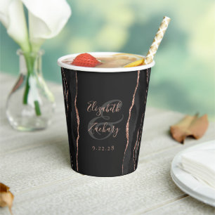 Black Agate Rose Gold Glitzer Script Hochzeit Pappbecher