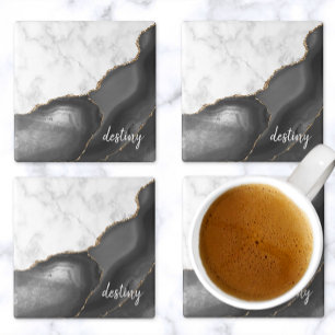 Black Agate Signatur Weiße Marmor Gold Glitter Steinuntersetzer