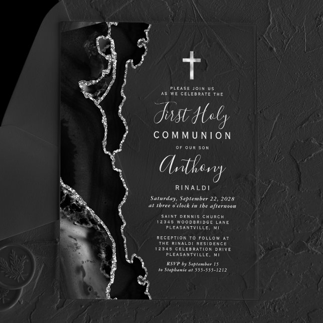 Black Agate Silver Gray Text Erste Heilige Kommune Acryleinladungen (Von Creator hochgeladen)