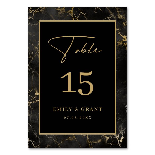 Black Agate Stone Gold Border Tischnummer (Vorderseite)