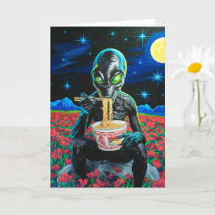Black Alien Green Eyes Eating Noodles Jeder Anlass Karte