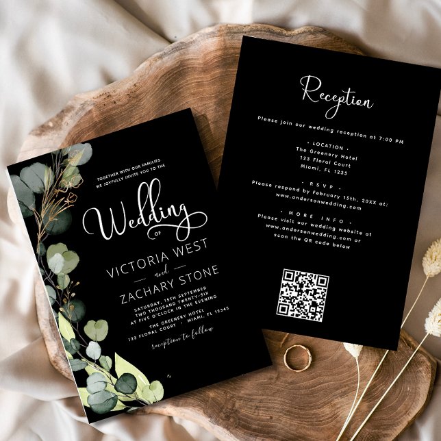 Black All in One Eukalyptus QR Code Wedding Einladung (Von Creator hochgeladen)