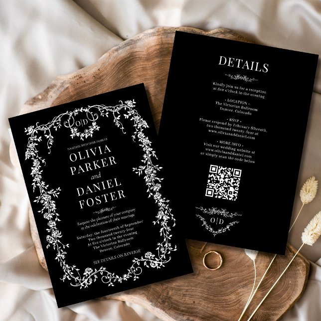 Black All in One Viktorianisch Wedding Monogram Einladung (Von Creator hochgeladen)