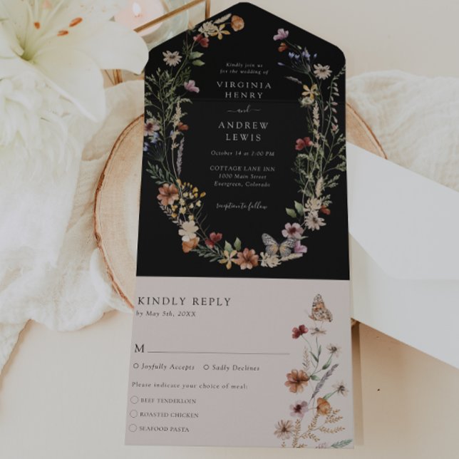 Black All in One Wedding Einladung (Black Boho Floral All in One Wedding Invite with Butterfly by Painted Paperie
)
