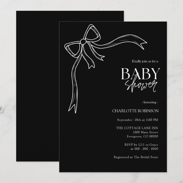 Black an White Bow Baby Dusche Einladung (Vorne/Hinten)