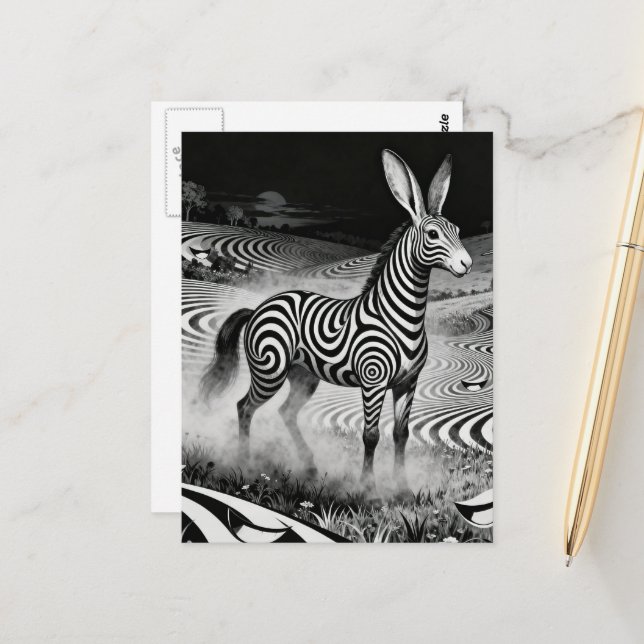 Black an White Op art Fantasy Rabbit Horse Critter Postkarte (Vorderseite/Rückseite Beispiel)